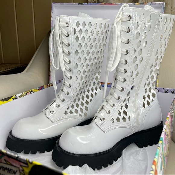 New! Jeffrey Campbell White Leather Lace Up Chunky Moto Combat Boots Boot Sz 9